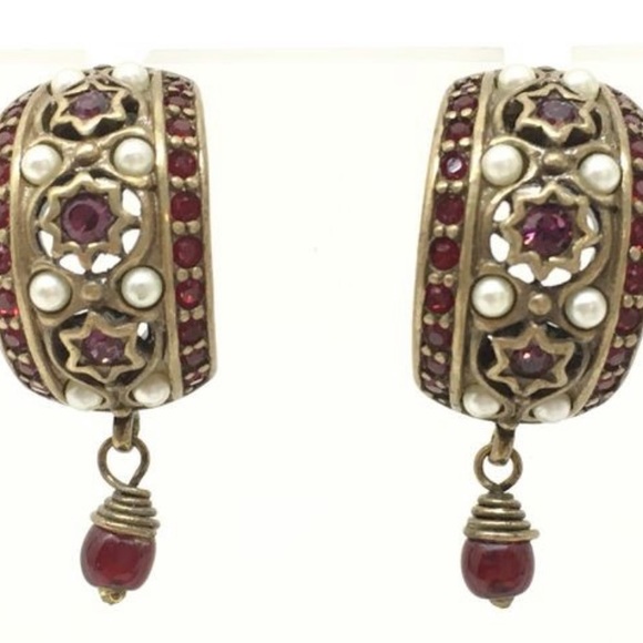 Designer Phillip Bloch Victorian Revival Red Garnet Post Hoop Earrings W Pearls - Picture 9 of 14